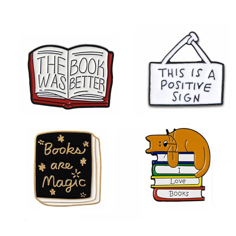 FLYPARTY 4 Pcs Cute Enamel Lapel Pins Sets Cartoon Animal Plant Flowers Brooches Pin Badges for Clothing Bags Backpacks Jackets Hat Party Favors Decoration (Reading Books) - Image 1